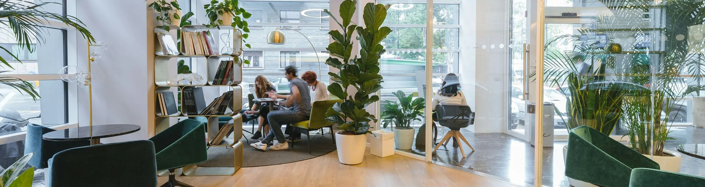 Ljus kontorslounge med stora krukväxter, träbord och gröna stolar